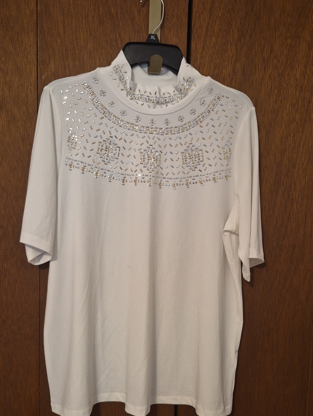 Occasions Susan Graver White Mock Neck Top with Silver Embellishment
